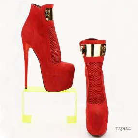 Ankle Red Faux Suede Fishnet High Platform Booties