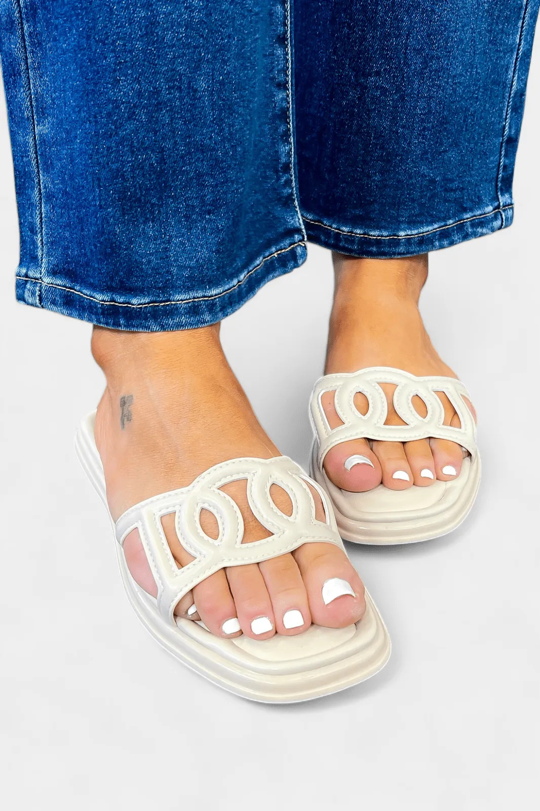 Ivory Circle Cutout Slip On Sandals