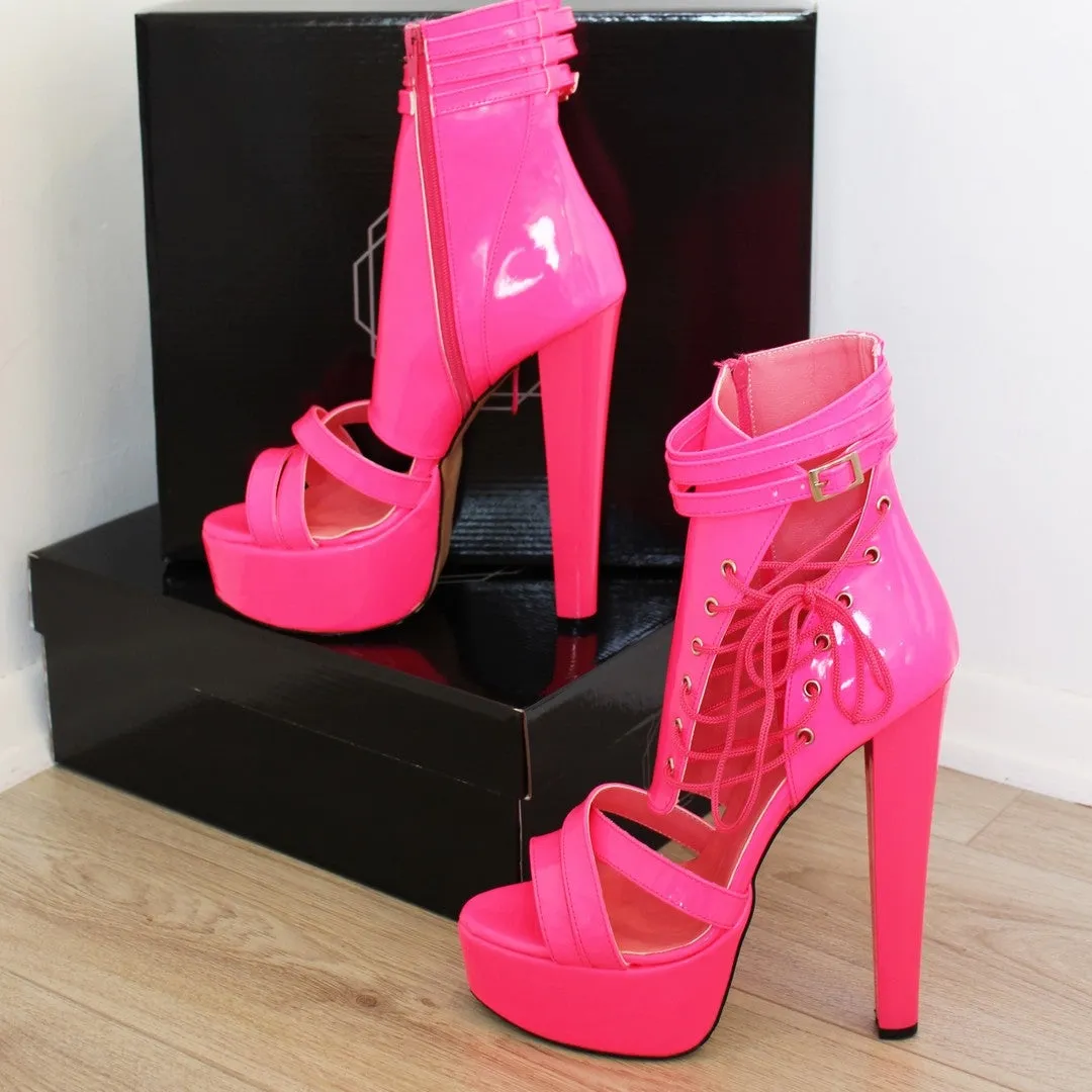 Lace Up Neon Pink Designer Peep Toe Booties