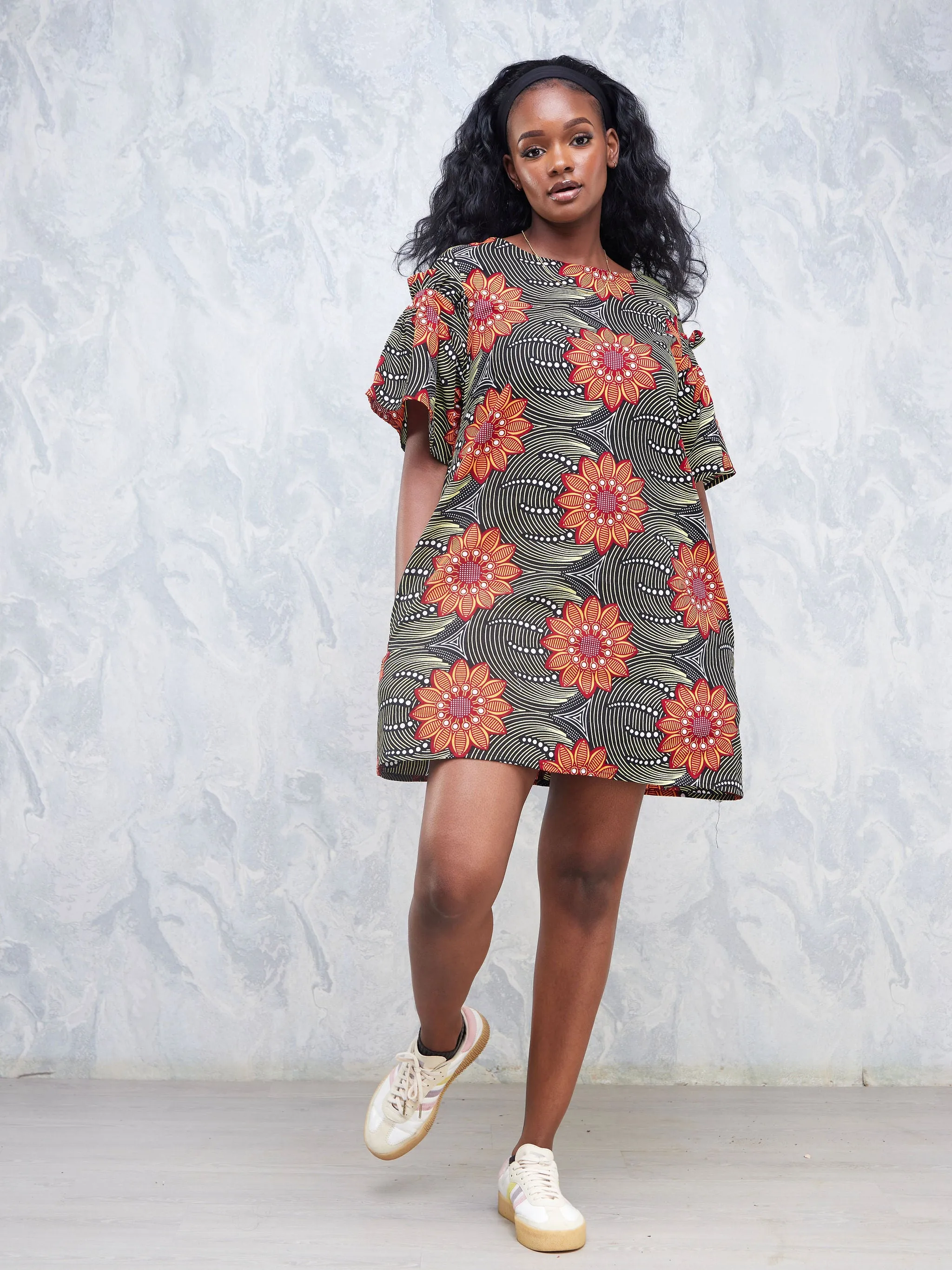 Nimali Ruffle Sleeve Short Dress - Black / Orange Ankara Print