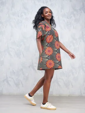 Nimali Ruffle Sleeve Short Dress - Black / Orange Ankara Print