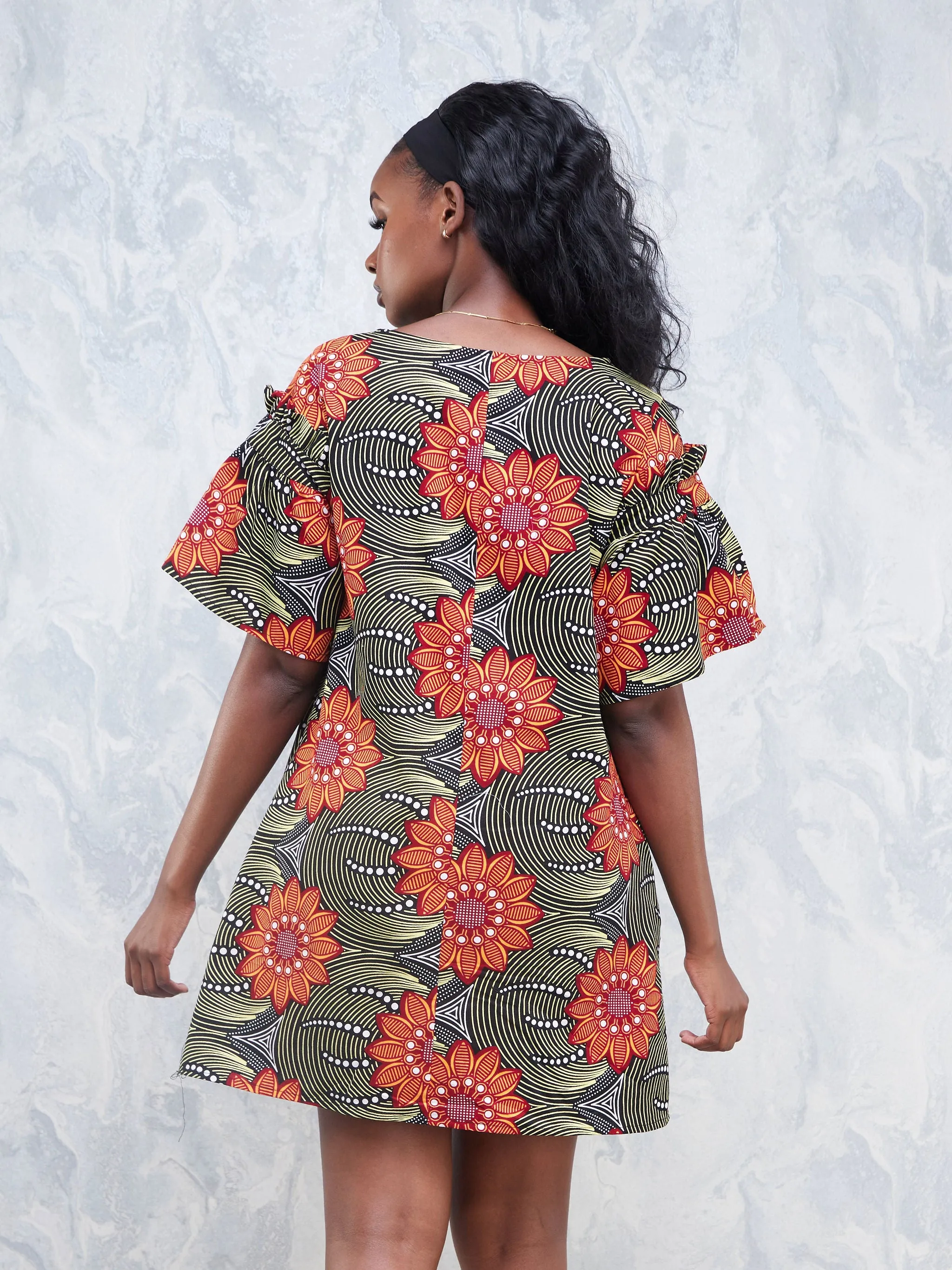 Nimali Ruffle Sleeve Short Dress - Black / Orange Ankara Print