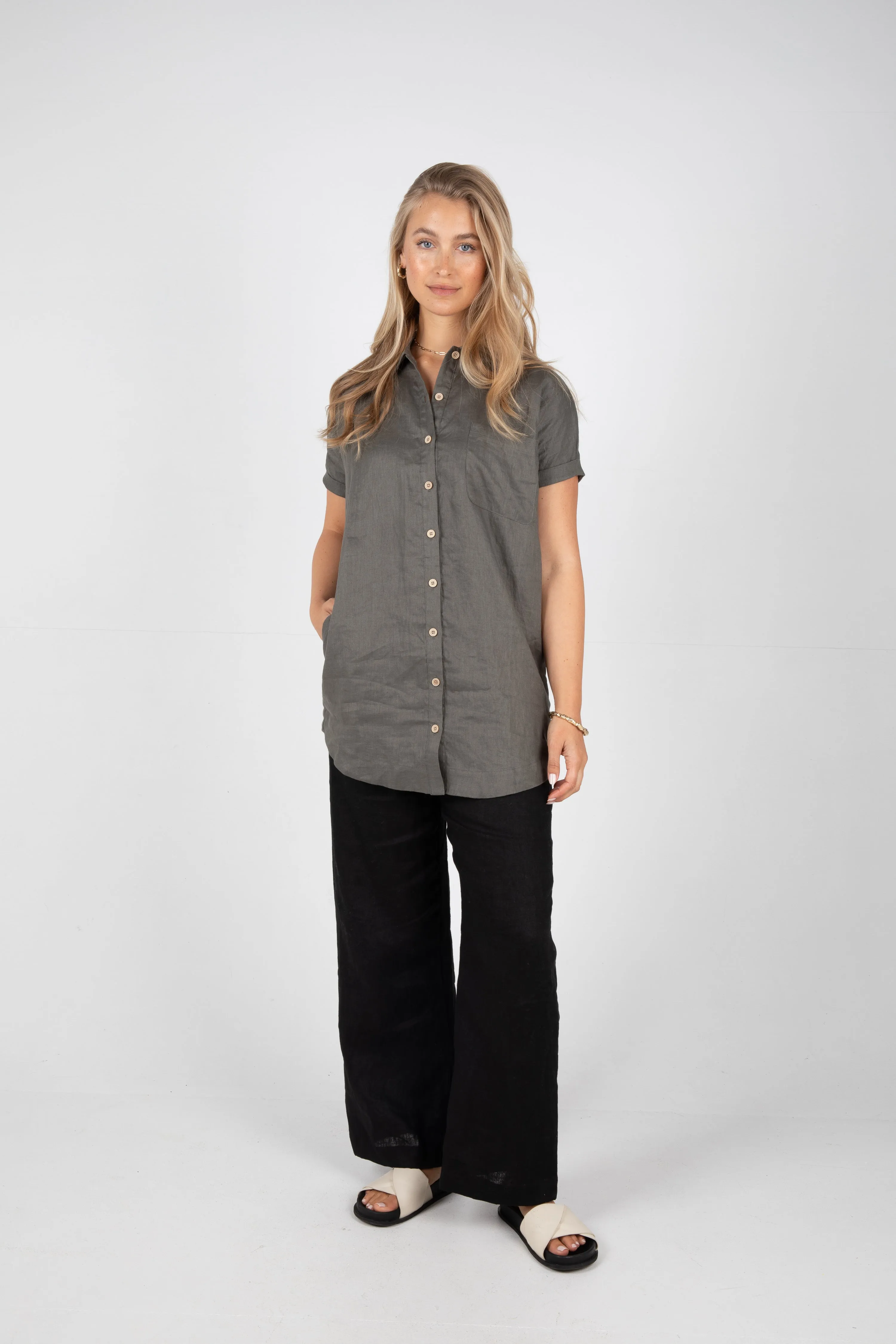 RAYLEIGH LINEN SHIRT DRESS - FOREST