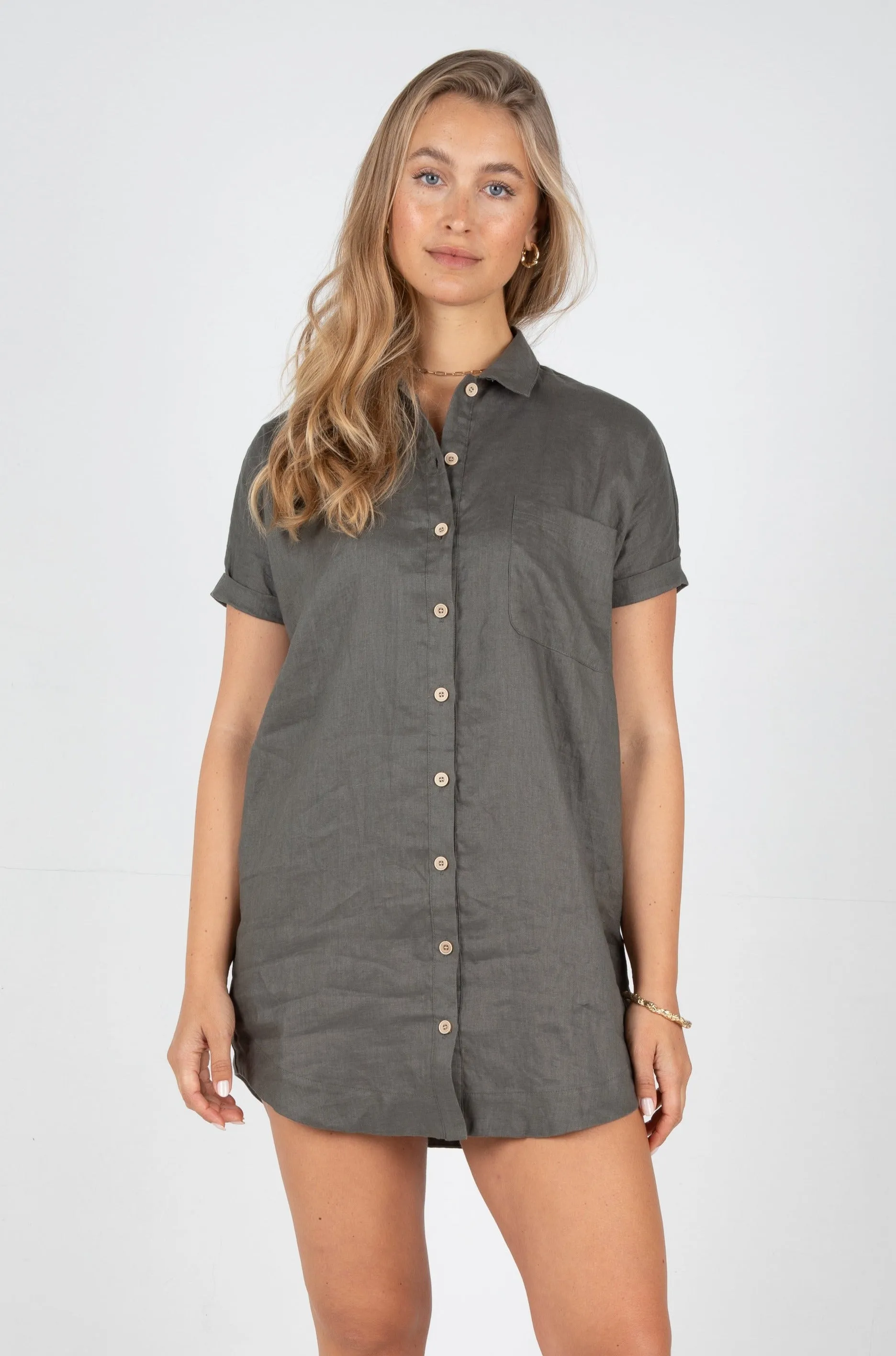 RAYLEIGH LINEN SHIRT DRESS - FOREST