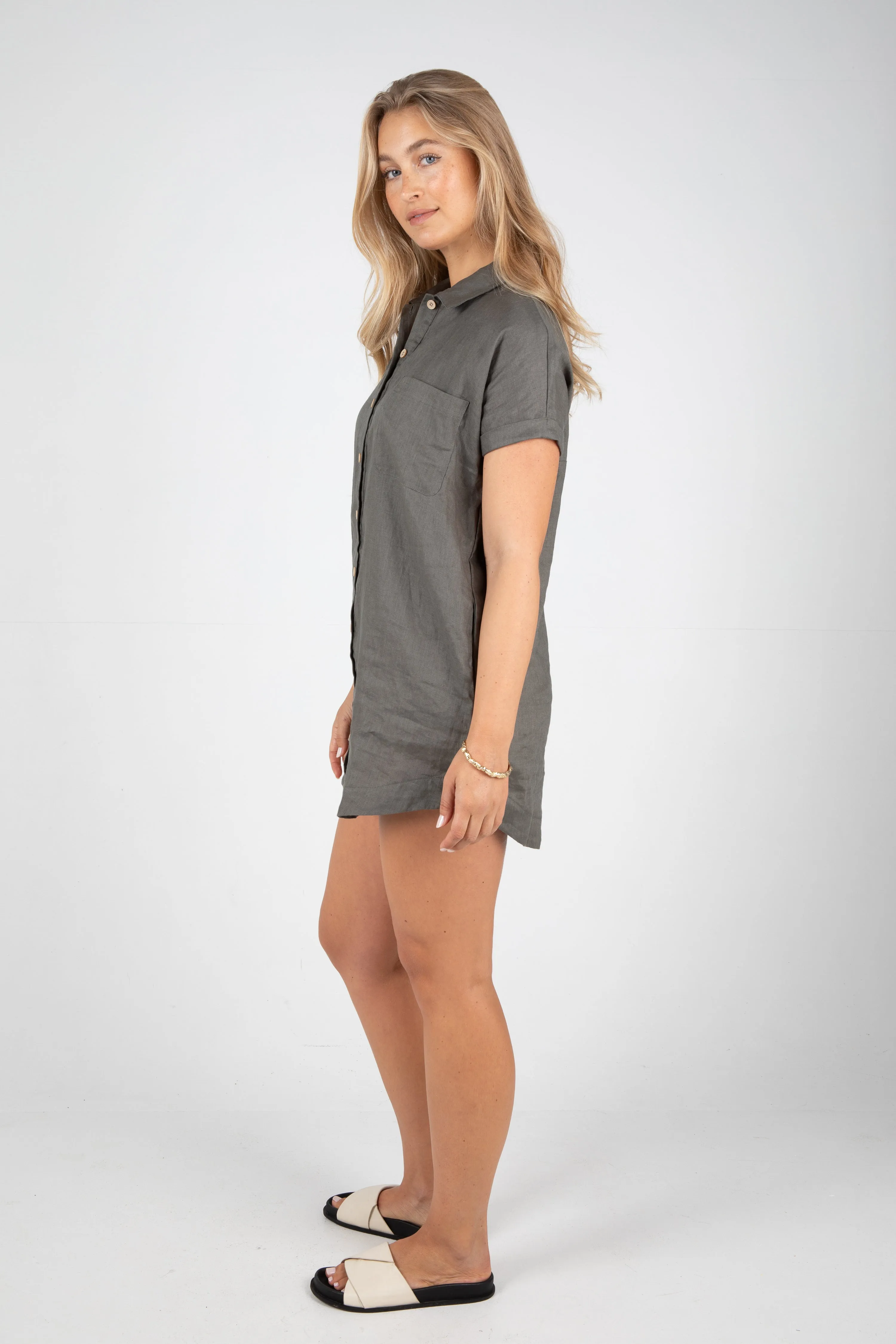 RAYLEIGH LINEN SHIRT DRESS - FOREST