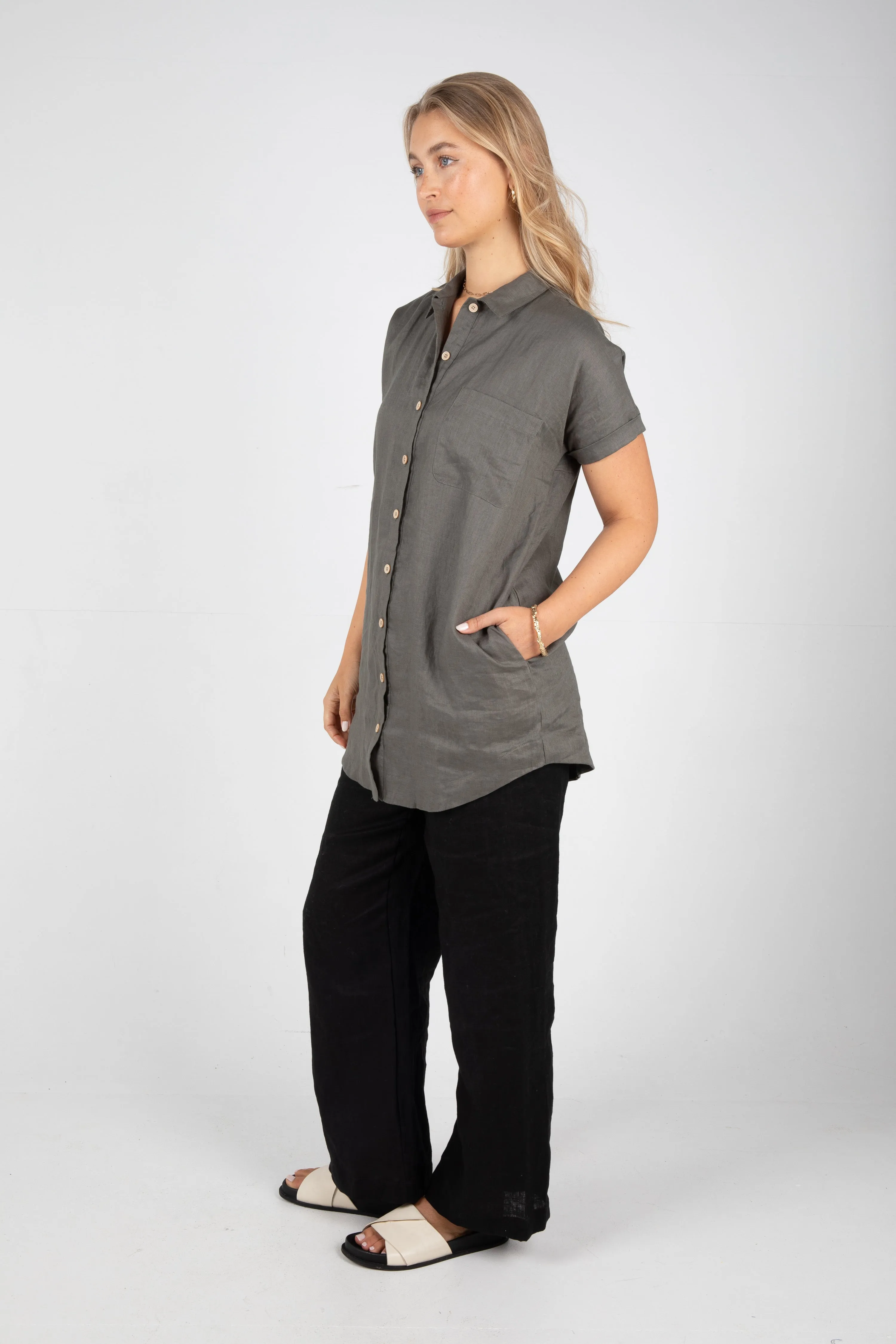 RAYLEIGH LINEN SHIRT DRESS - FOREST