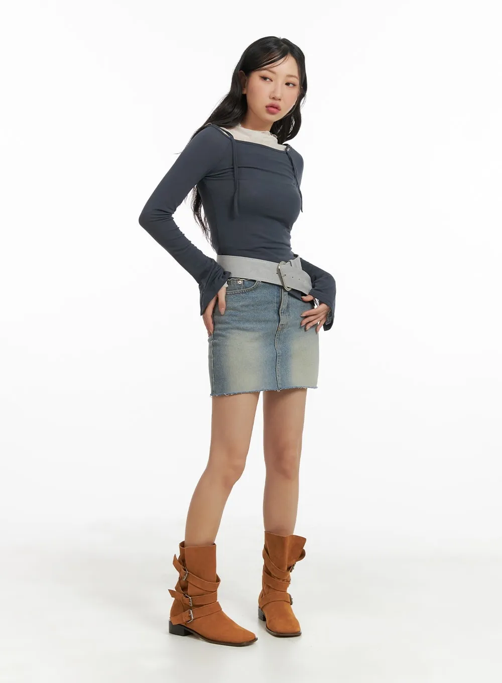 Ripped Hem Denim Mini Skirt CM421